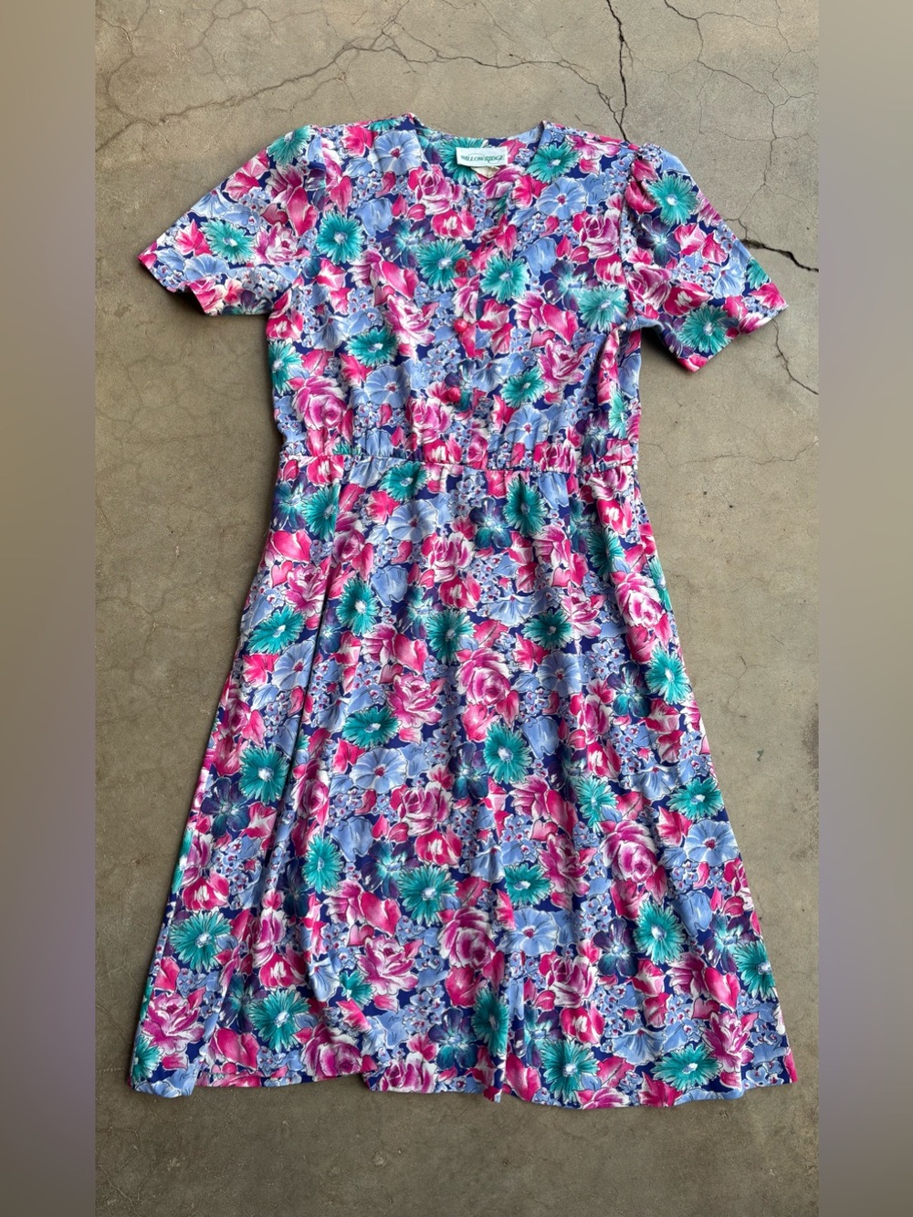 80s Vintage Willow Ridge Floral Midi Dress Shoulder Pads Large Buttons Size 14P